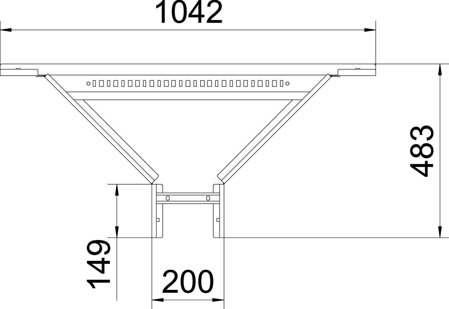Disegno tecnico mostra le dimensioni di un oggetto a forma di T: larghezza 1042 mm, altezza 483 mm, con ulteriori misure di 149 mm e 200 mm.