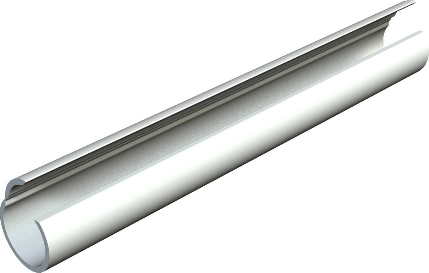 Un profilo metallico lungo e dritto con una scanalatura circolare, visto di lato.