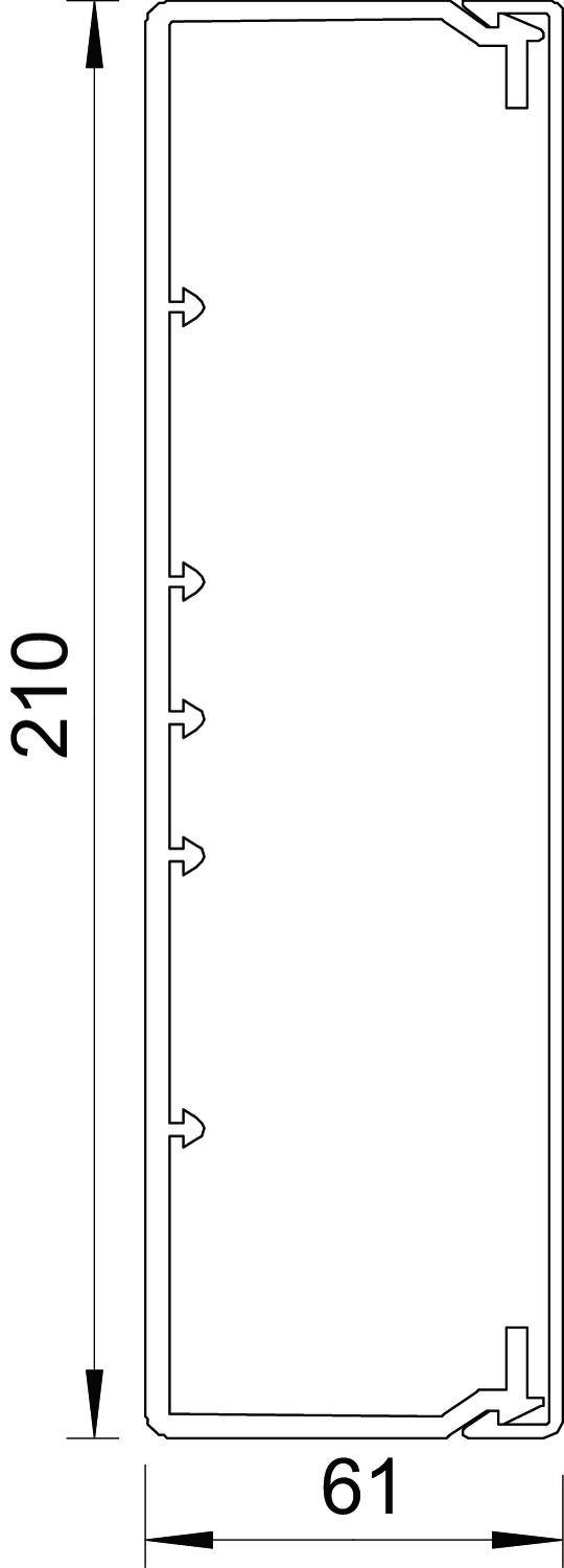 Sezione trasversale di un canale rettangolare con uncini all'interno. Dimensioni: altezza 210 mm, larghezza 61 mm.