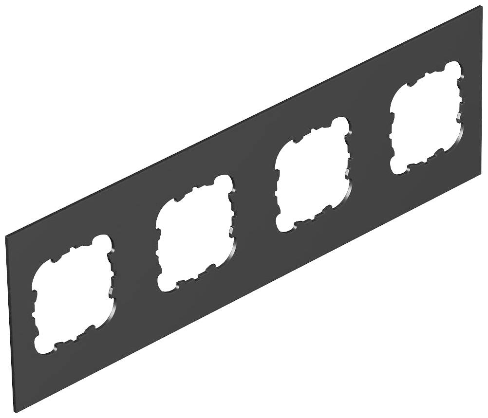 Una piastra rettangolare nera con quattro fessure uniformi. Serve come piastra di montaggio o copertura per prese elettriche.