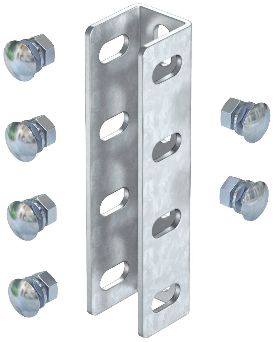 Un angolare metallico con fori per viti di montaggio è mostrato. Sei viti disposte in due gruppi sono parimenti raffigurate.