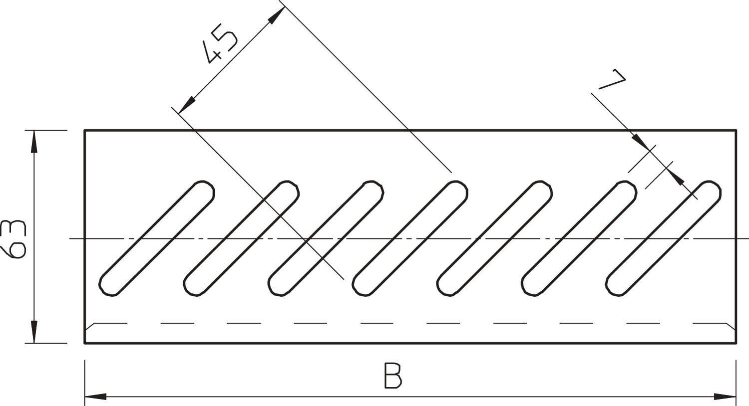 Diagramma di un oggetto rettangolare. Dimensione principale: lunghezza 63 mm. Cinque linee diagonali all'interno. Altre dimensioni: 45 mm e 7 mm.