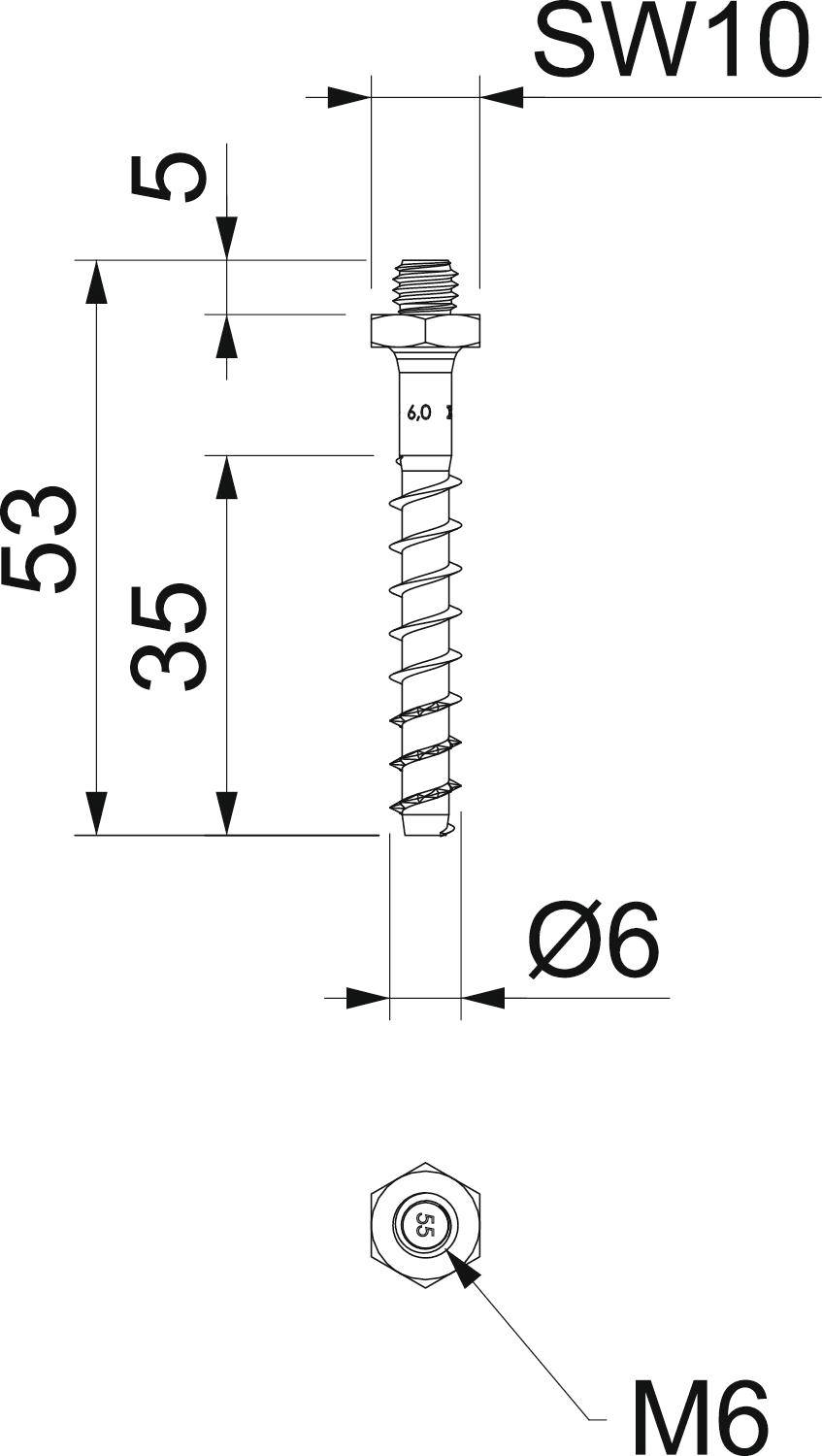 Disegno tecnico di una vite: lunghezza 53 mm, diametro della filettatura 6 mm. Testa esagonale, larghezza chiave 10 mm, tipo di filettatura M6.