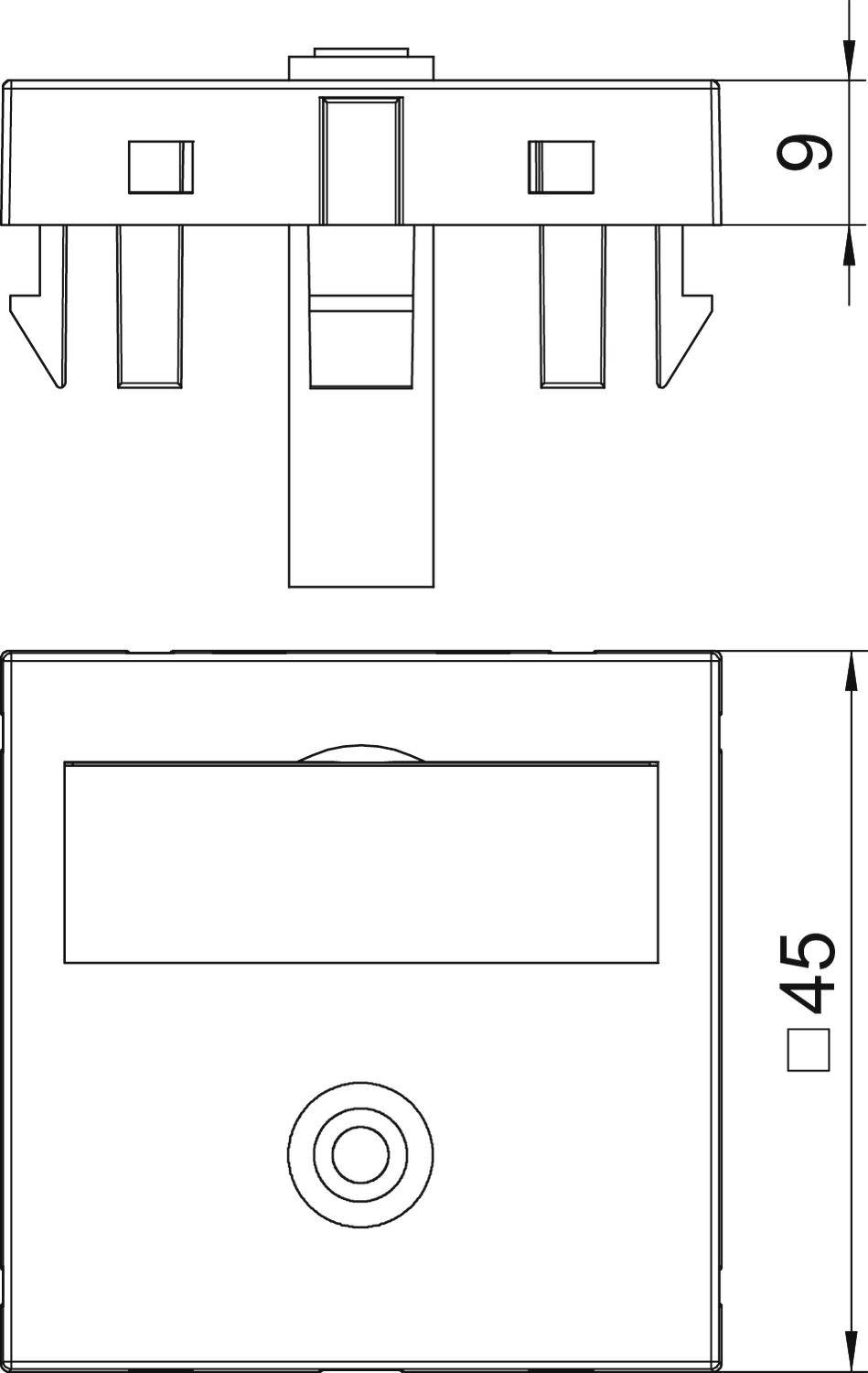 Disegno tecnico di un interruttore, vista frontale e laterale, misure indicate da 9 mm a 45 mm.