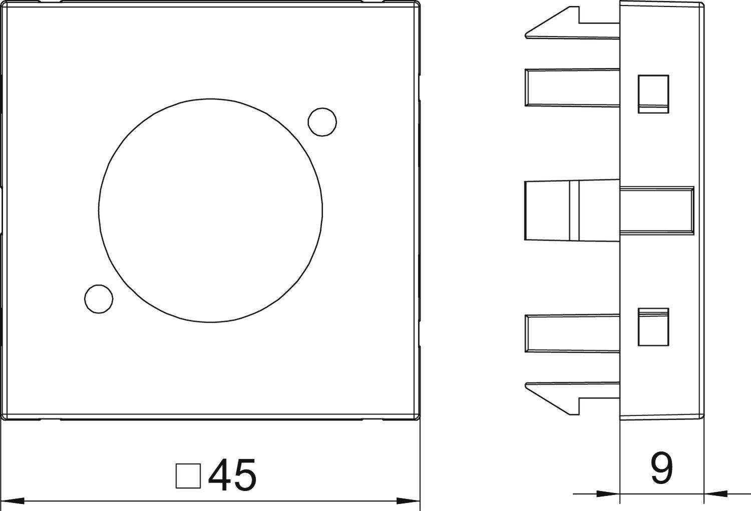 Disegno di un interruttore quadrato con dimensioni: larghezza 45 mm, altezza 9 mm. Vista frontale e laterale, mostra i contatti a innesto.