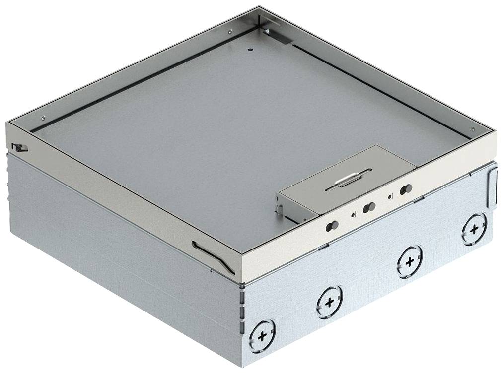 Scatola di derivazione metallica con più morsetti a vite e un piccolo sportello. È destinata a installazioni elettriche.