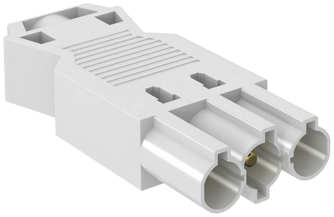 Un involucro grigio e rettangolare per connettore elettrico con tre connessioni circolari. È progettato in modo complesso e dettagliato.