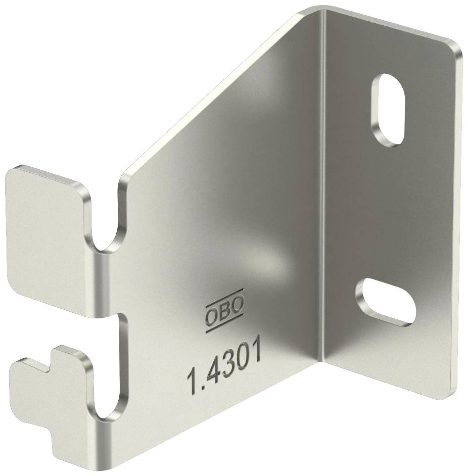 Angolo di supporto metallico in acciaio inossidabile con la scritta 'OBO 1.4301', due fori di fissaggio e due ganci su superficie verticale.
