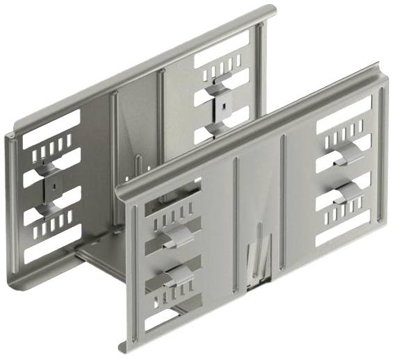 Supporto metallico per cassetti, grigio, con fessure e dispositivi di fissaggio, per l'attacco di frontali dei cassetti alle guide.
