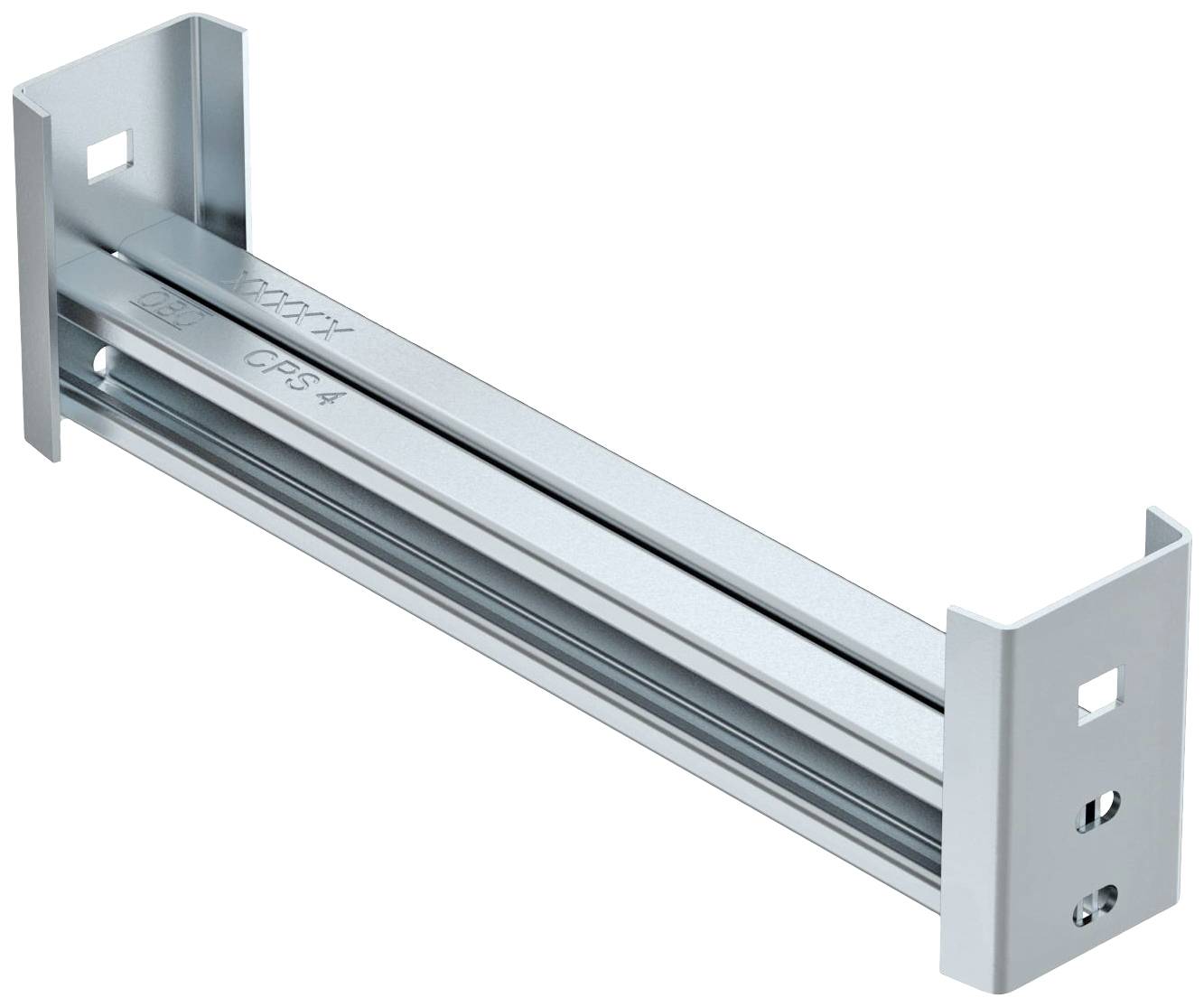 Supporto metallico in materiale argentato, forma rettangolare con estremità aperte e diversi fori di montaggio sui lati.