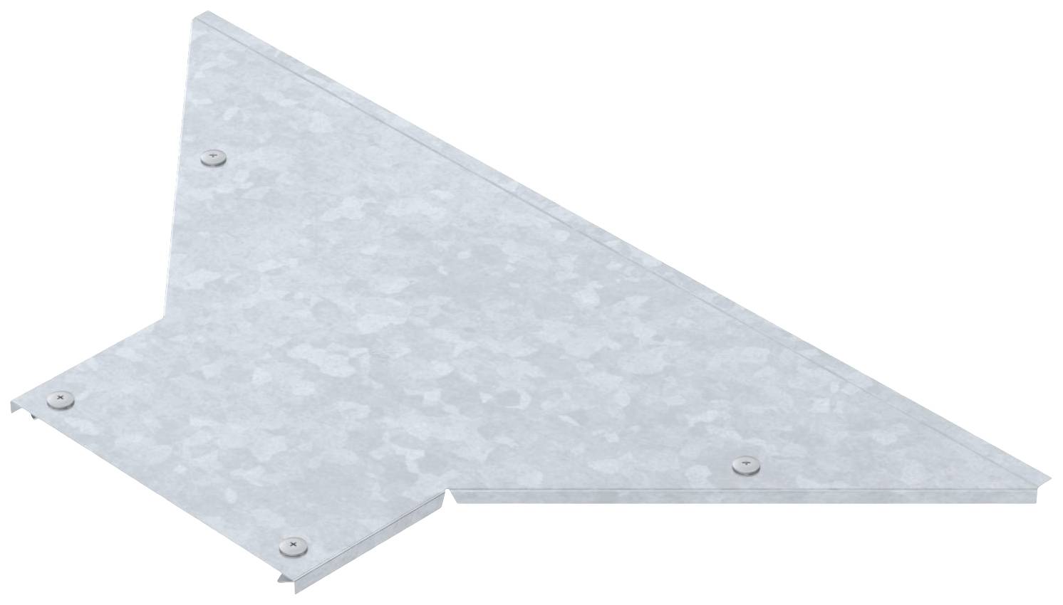 Un pezzo metallico zincato a forma triangolare con angoli arrotondati e tre fori per viti di fissaggio agli angoli.
