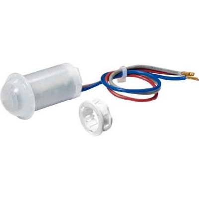 Un sensore bianco con tre fili colorati (blu, rosso, grigio) e un cappuccio di fissaggio. Componenti elettrici per il montaggio.
