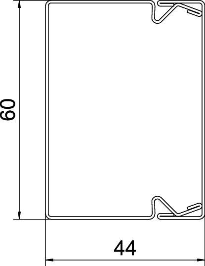 Sezione trasversale di un profilo rettangolare con dimensioni: altezza 60 mm, larghezza 44 mm.