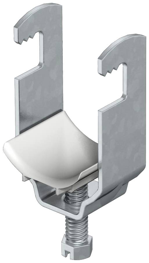 Supporto metallico con morsetto, vite in basso. Utilizzato per fissare tubi o cavi su una superficie.