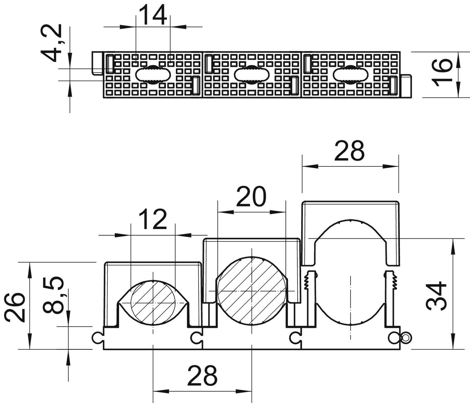 Disegno tecnico di un profilo a tre parti con dimensioni: larghezza 28 mm, altezza 34 mm, con ulteriori misure e dettagli di forma contrassegnati.