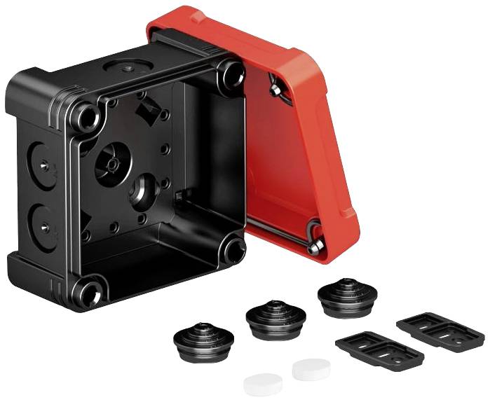 Scatola nera quadrata in plastica con coperchio rosso removibile. Contiene guarnizioni circolari e rettangolari di varie dimensioni. Componente per dispositivo o involucro elettronico.