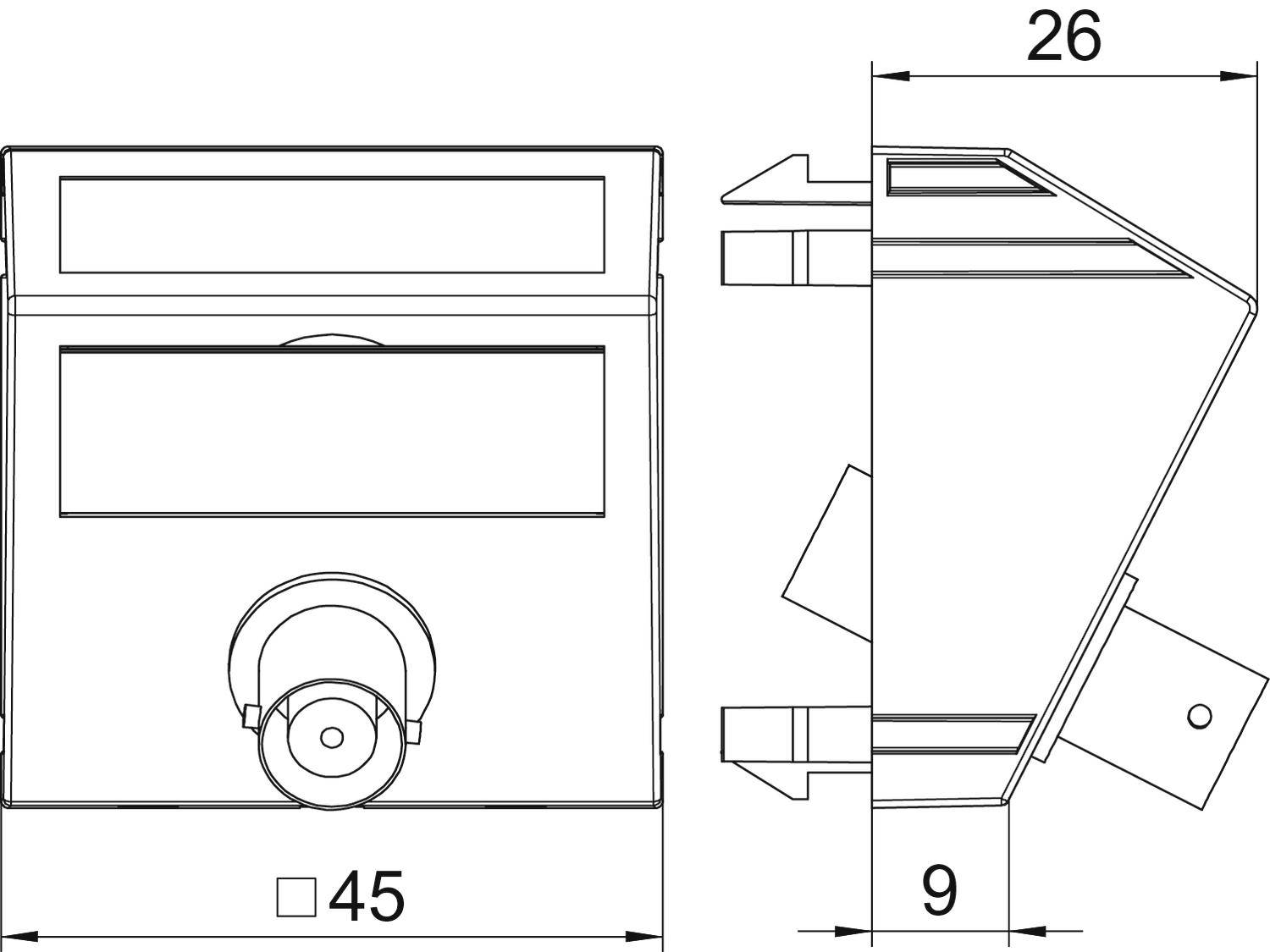 Disegno tecnico di un involucro quadrato con dimensioni 45 mm x 26 mm x 9 mm, che mostra la vista frontale e laterale.