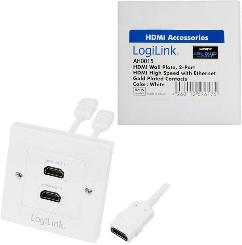 'Accessori HDMI LogiLink AH0015' Piastra da parete HDMI con due porte e Ethernet, contatti dorati, colore: Bianco. Include cavi e connettori.