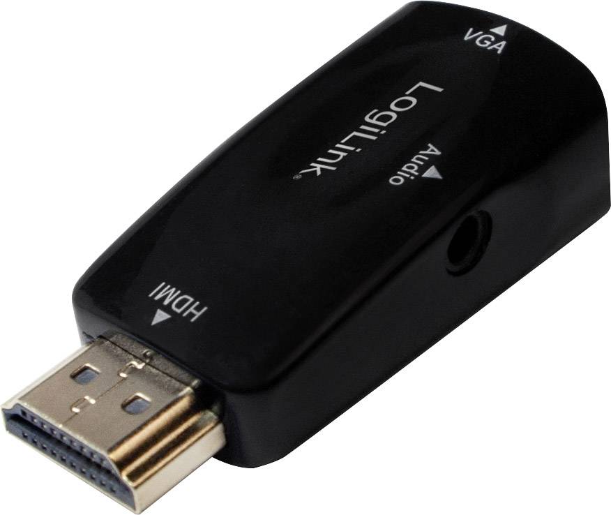 Adattatore nero da HDMI a VGA con uscite VGA e audio, con nome del marchio e porte di connessione visibili sul lato frontale.