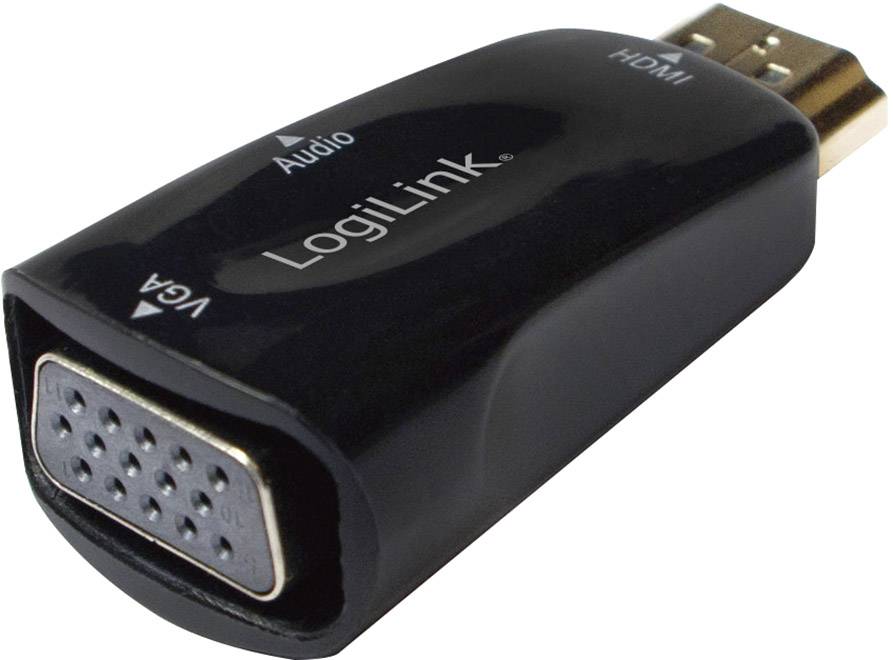 Un adattatore nero LogiLink con ingresso VGA e audio e uscita HDMI.