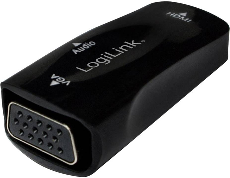 Adattatore 'LogiLink', converte HDMI in VGA e Audio, con custodia nera, connessioni chiaramente contrassegnate.