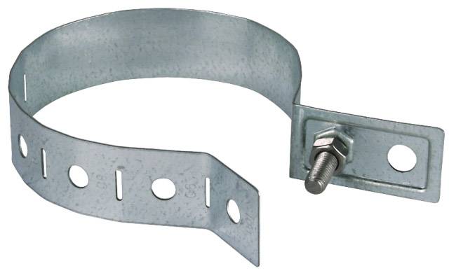 Morsetto metallico con vite e fori, idoneo per fissare tubi o cavi alle pareti.