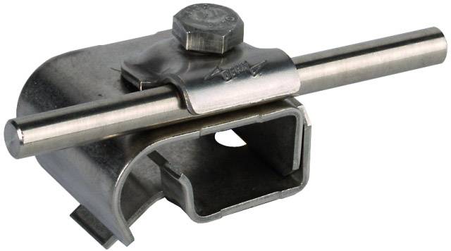 Morsetto metallico con bullone cilindrico e vite esagonale, utilizzato per fissare tubi ad altre strutture.