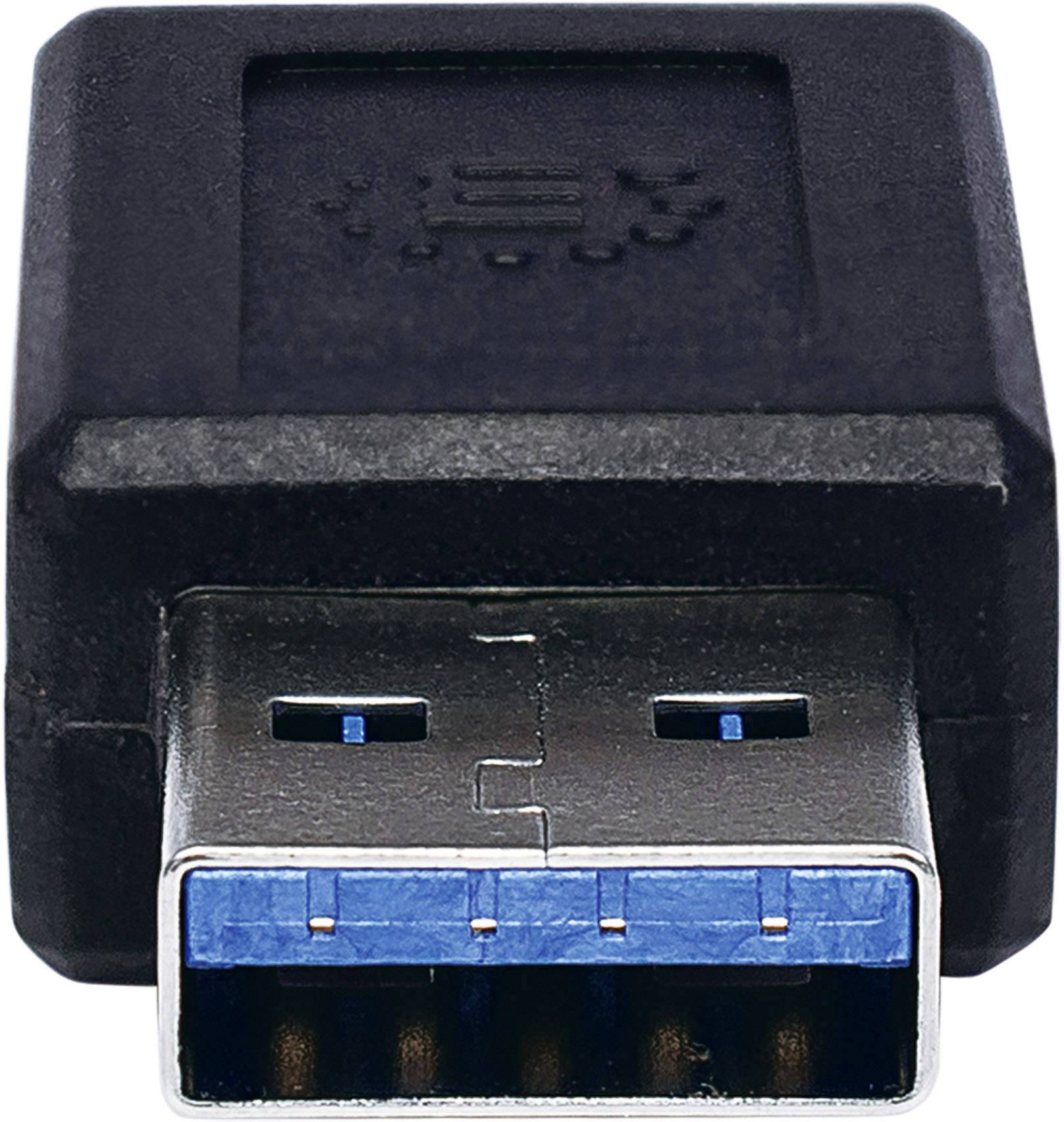 'Spina USB 3.0 nera, vista frontale con striscia di contatto blu.'