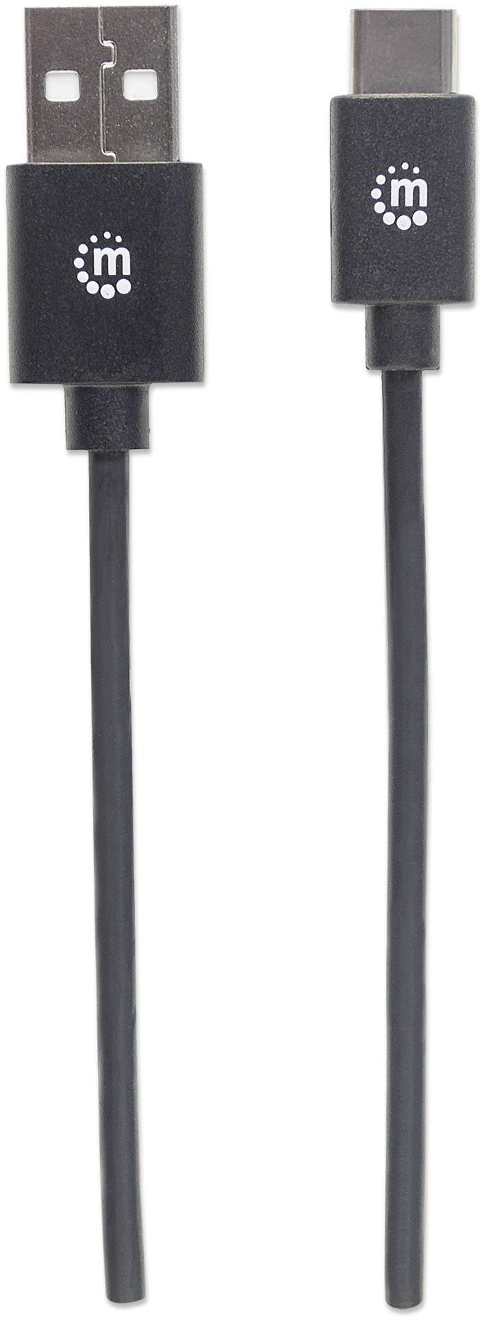 Un cavo USB nero con connettore USB-A sul lato sinistro e connettore USB-C sul lato destro. Entrambi i connettori hanno un logo 'm'.