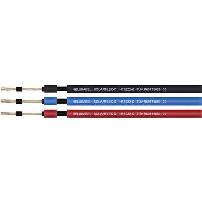 Drei Helukabel 'SOLARFLEX-X' con codifica a colori: nero, rosso e blu, identificano i cavi elettrici per applicazioni solari.