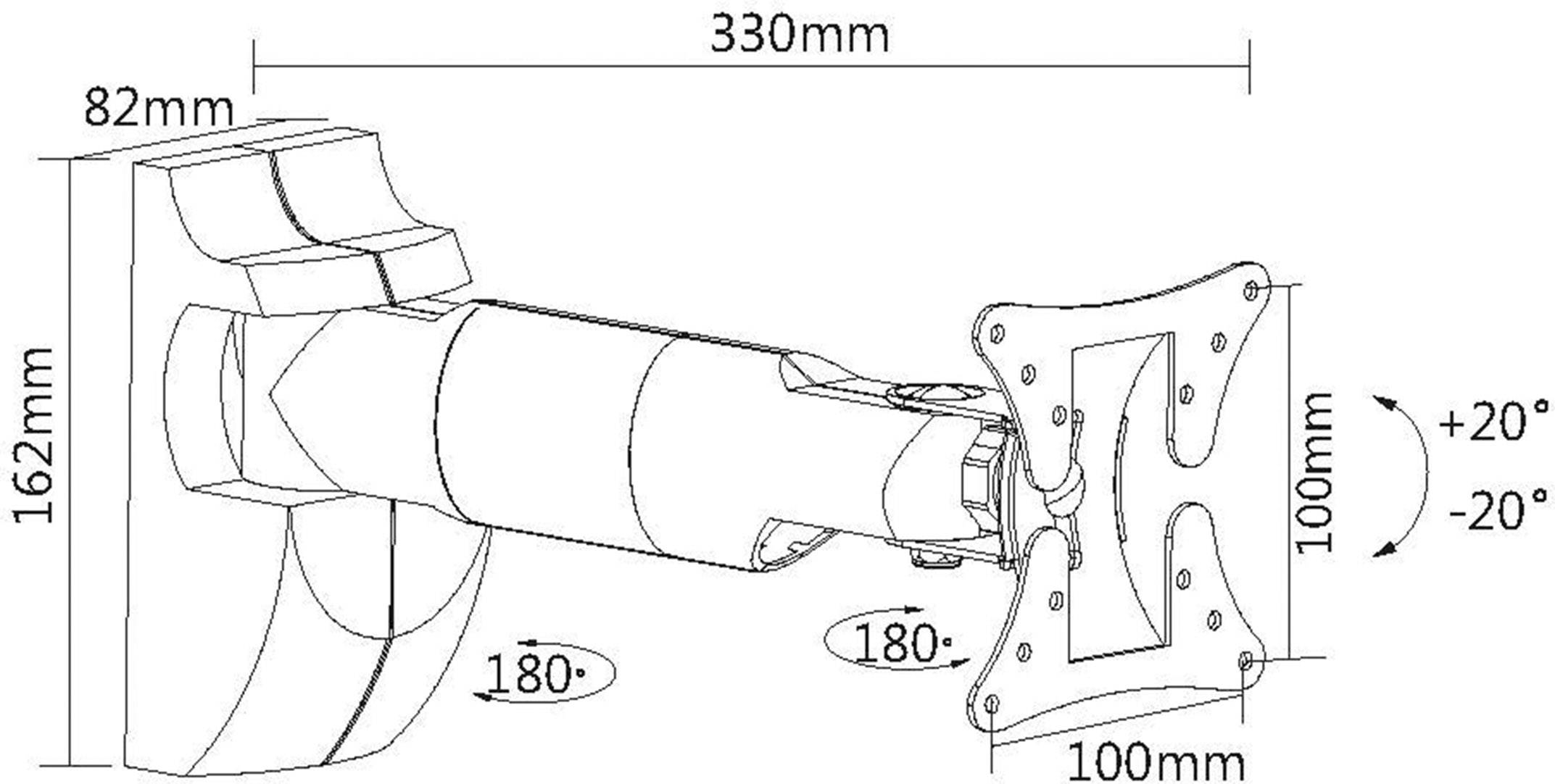 Diagramma di supporto a parete: dimensioni 330mm x 100mm x 162mm, ruotabile di 180°, inclinabile di ±20°, profondità 82mm.