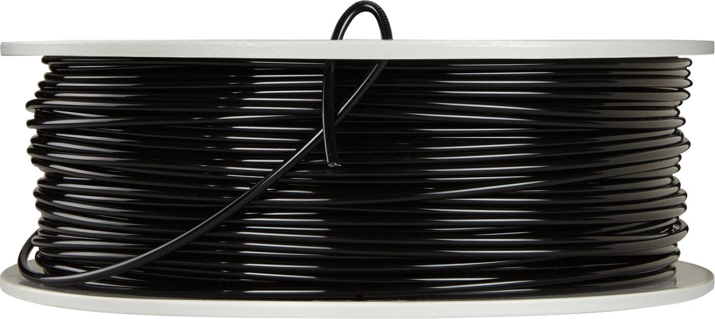 Un rotolo di cavo nero su una bobina bianca, ripreso lateralmente.