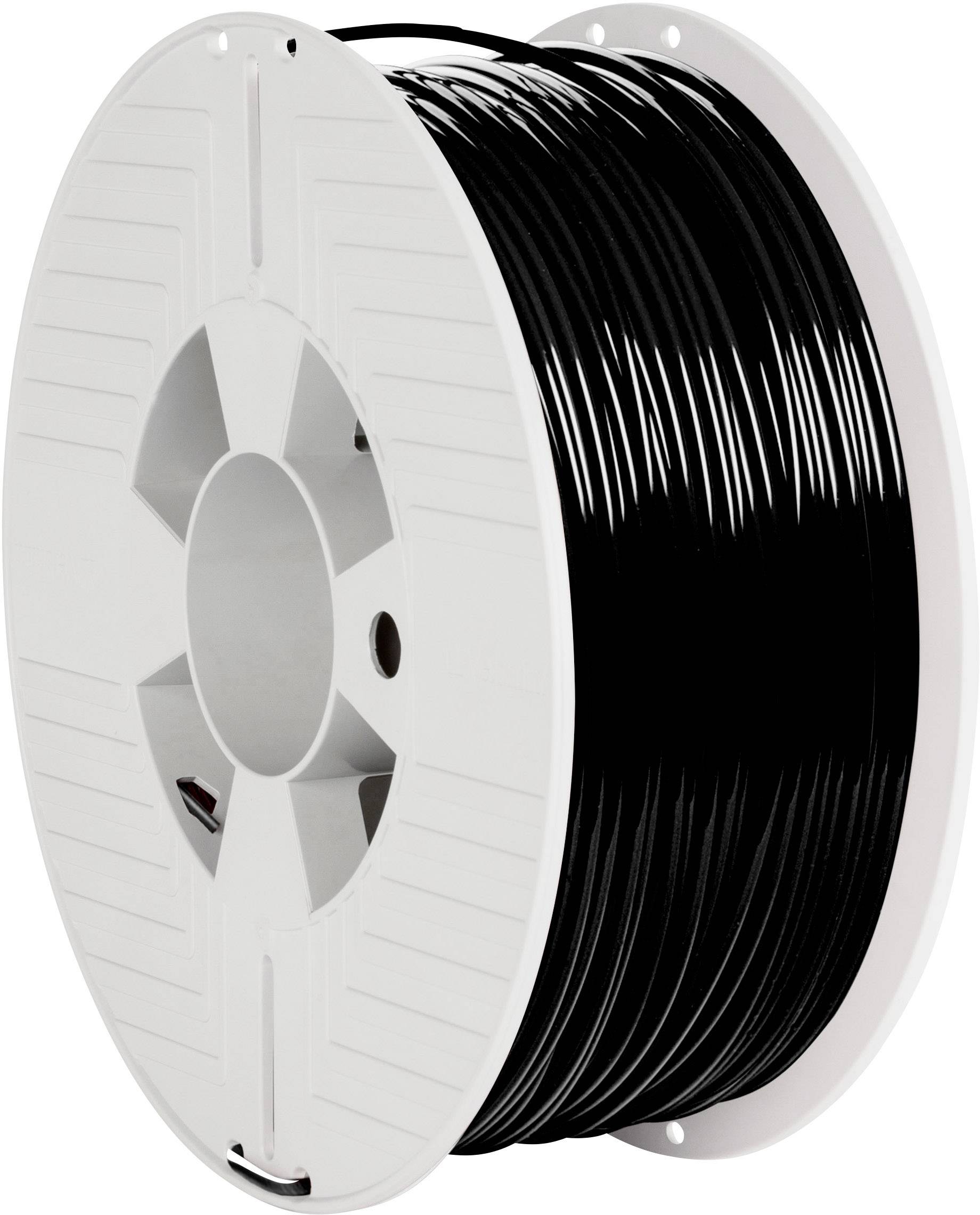 Un rotolo di filamento nero per stampanti 3D, avvolto su un rocchetto bianco, per l'uso in dispositivi di stampa 3D.