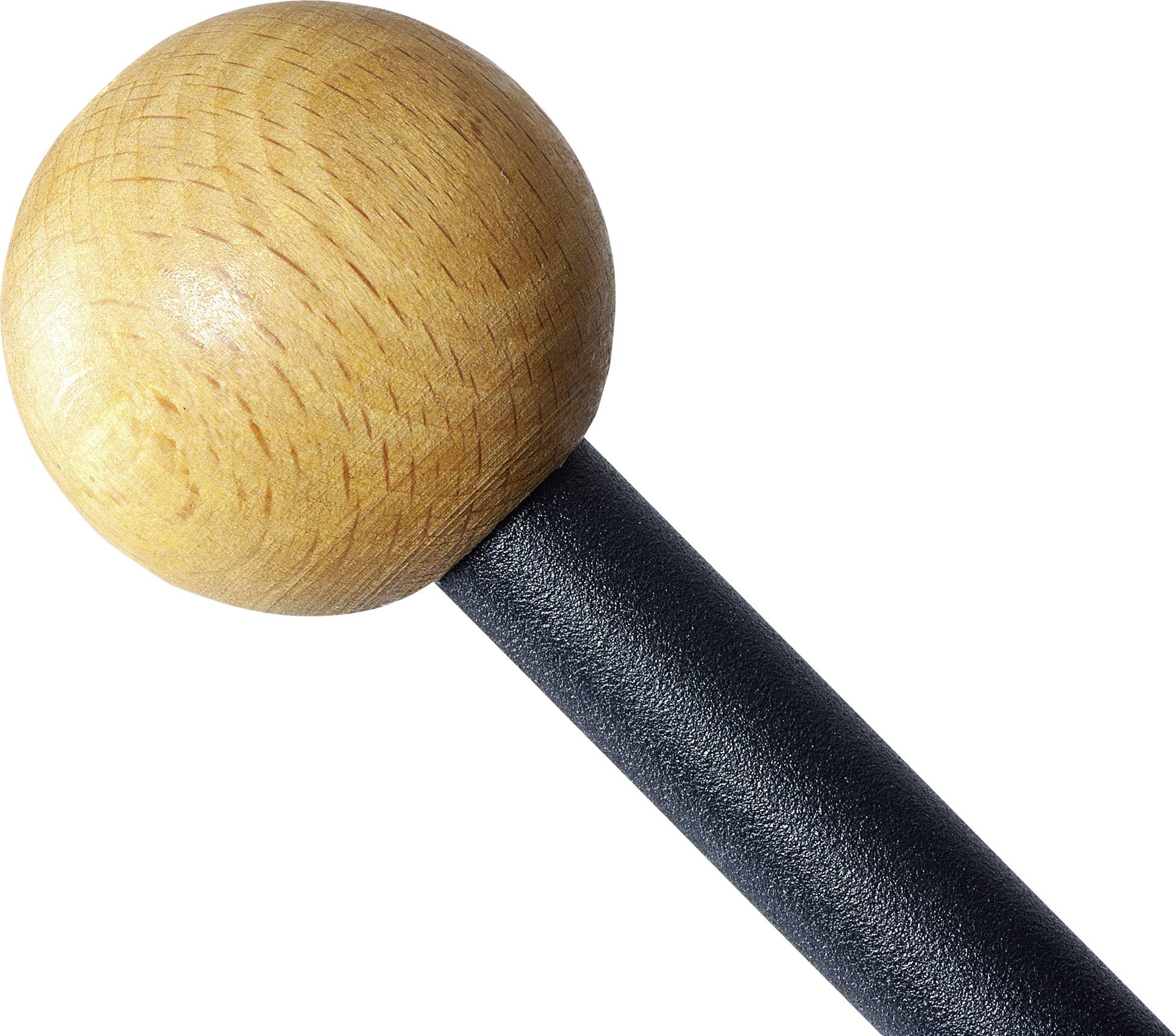 Impugnatura a sfera di legno su stelo metallico nero.