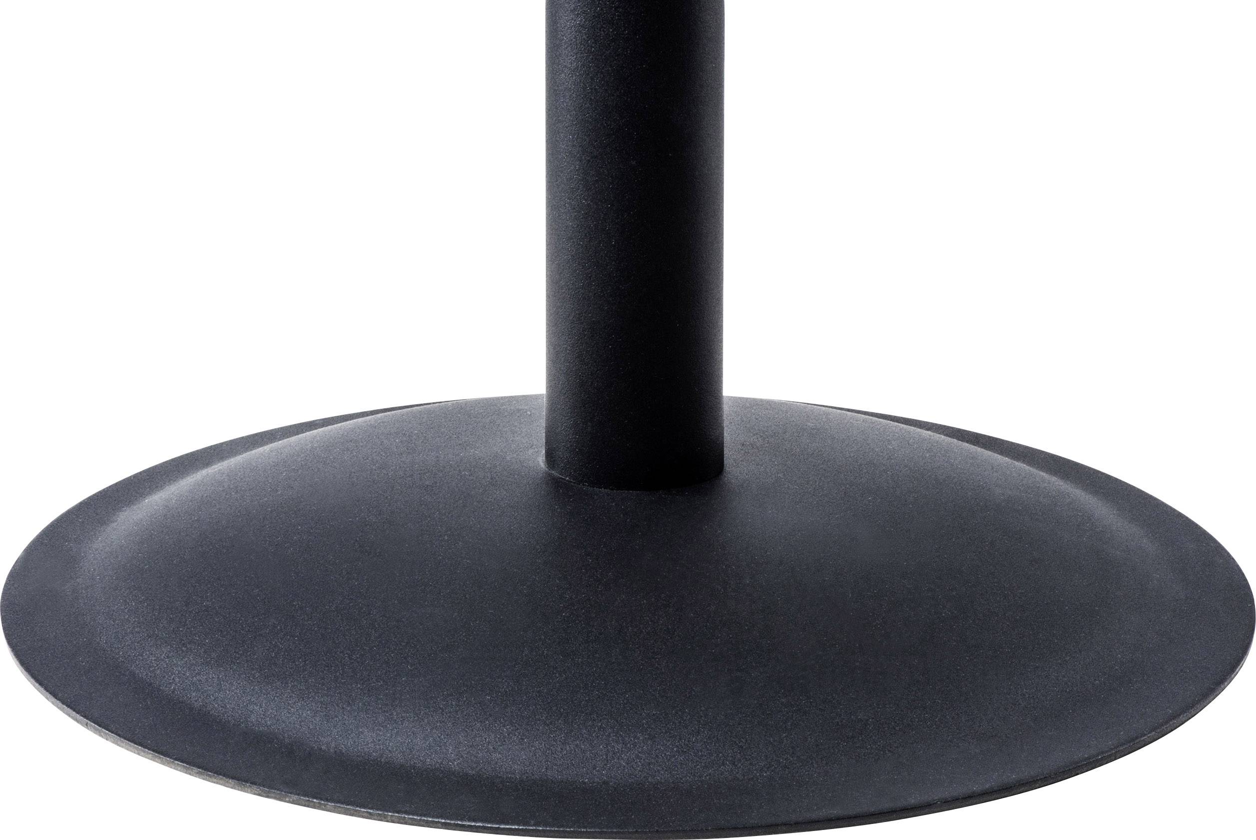Parte inferiore di un sostegno metallico nero e rotondo con un'asta cilindrica al centro.