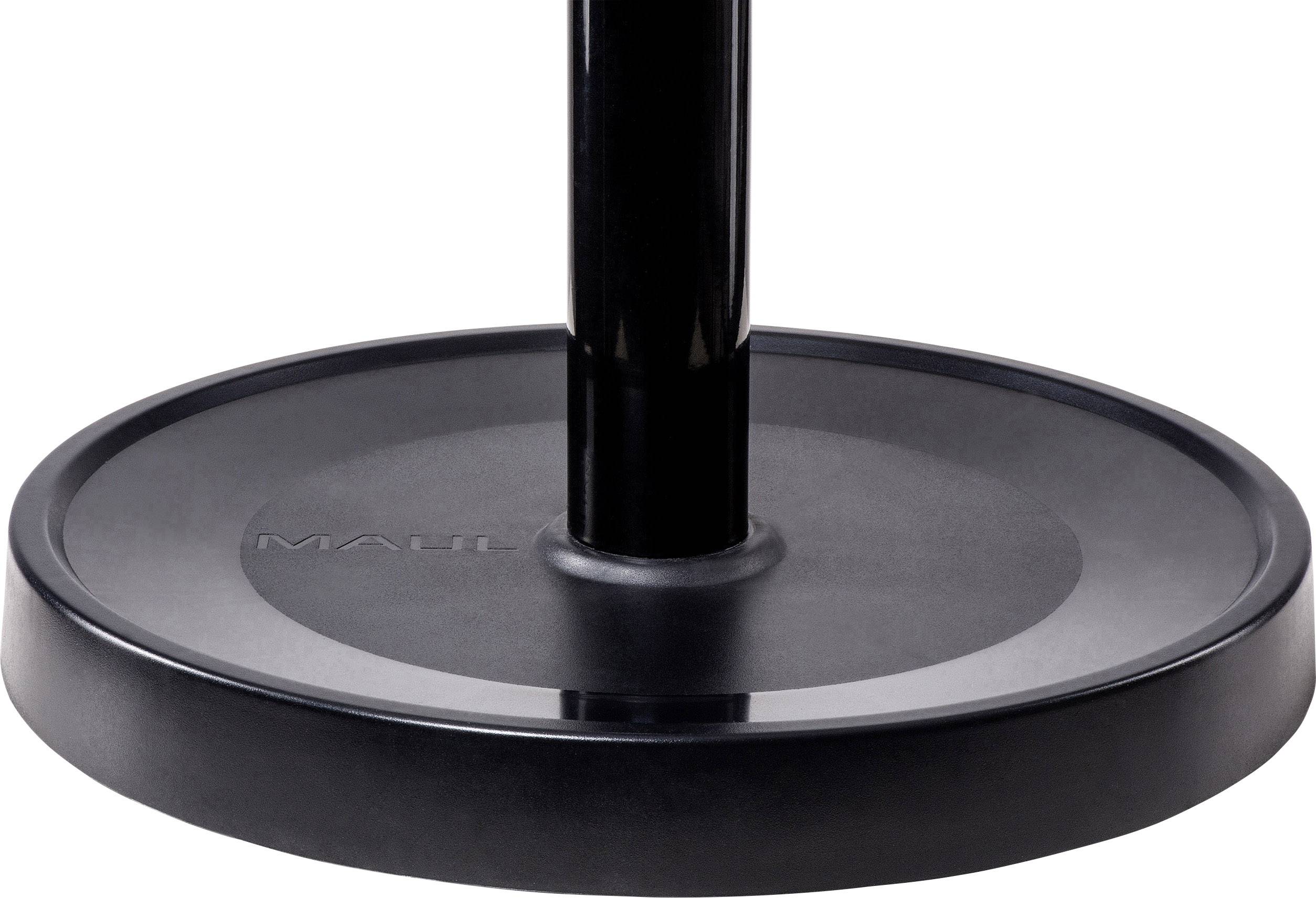 Piedistallo nero e rotondo per leggio, dal design semplice e moderno, con un'asta centrale.