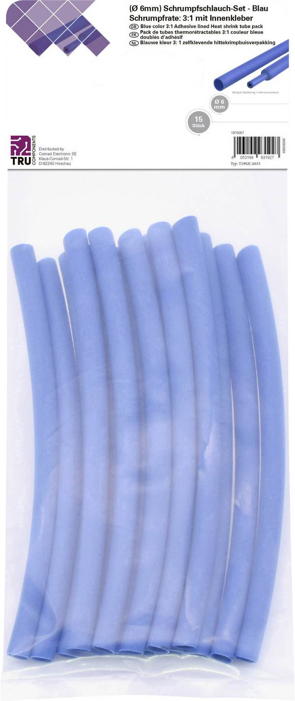 TRU COMPONENTS T1902CA033 Kit guaine termoretraibili Blu 6 mm 2 mm Restringimento:3:1 15 pz.