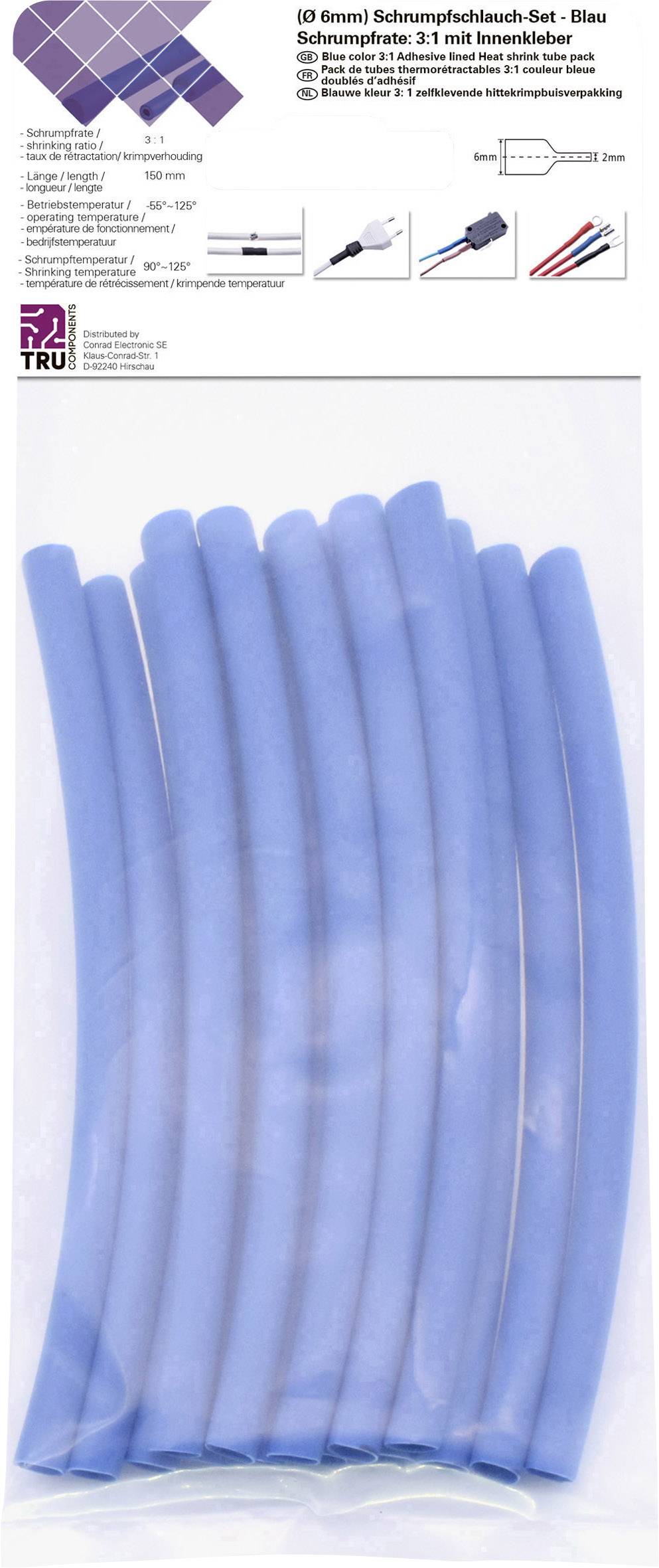 Set di guaine termorestringenti blu con adesivo interno, rapporto di restringimento 3:1, contiene nove guaine, adatte per l'isolamento dei cavi.