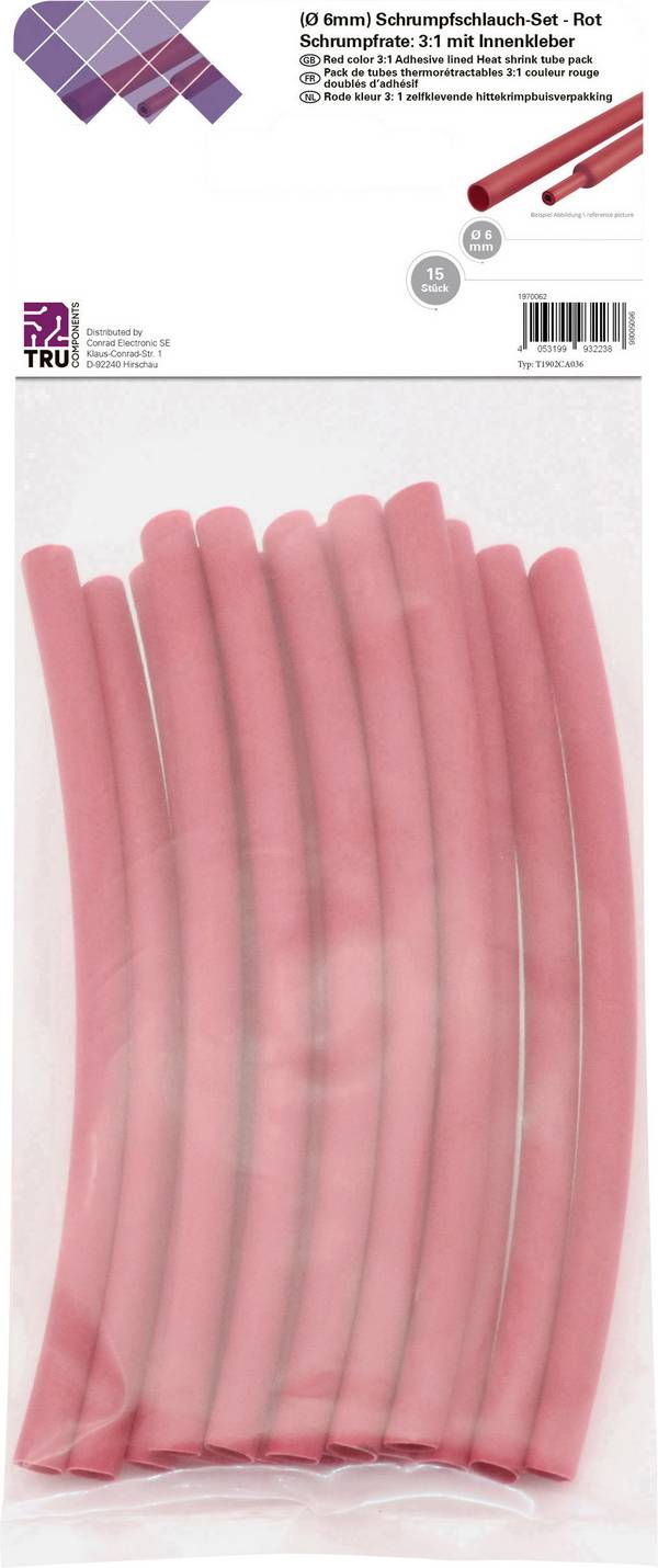 TRU COMPONENTS T1902CA036 Kit guaine termoretraibili Rosso 6 mm 2 mm Restringimento:3:1 15 pz.