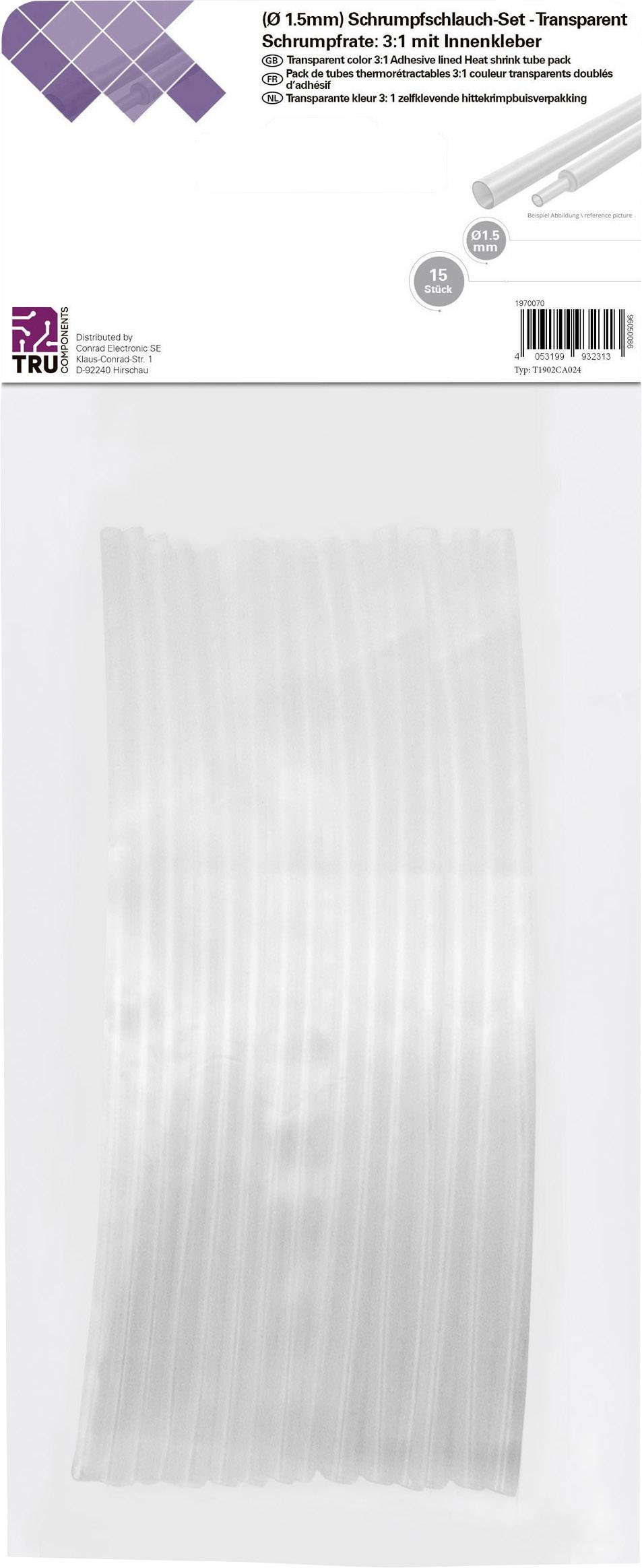 TRU COMPONENTS T1902CA024 Kit guaine termoretraibili Trasparente 1.50 mm 0.50 mm Restringimento:3:1 15 pz.