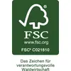 'Logo FSC con simbolo di legno controllato. Testo: Il marchio per una gestione forestale responsabile. Sito web: www.fsc.org. Codice: FSC C021810.'