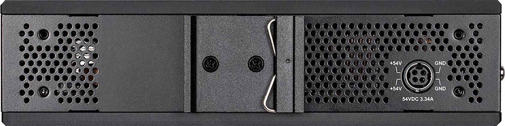 Un supporto elettronico nero rettangolare con fessure di ventilazione e diversi connettori sul lato destro.