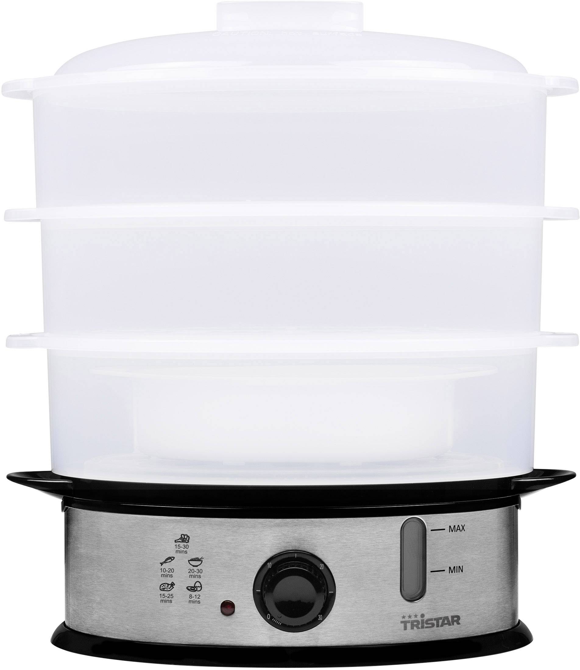 Un vaporiera elettrico con tre contenitori impilabili trasparenti e un pannello di controllo argentato con manopola girevole e spie luminose.