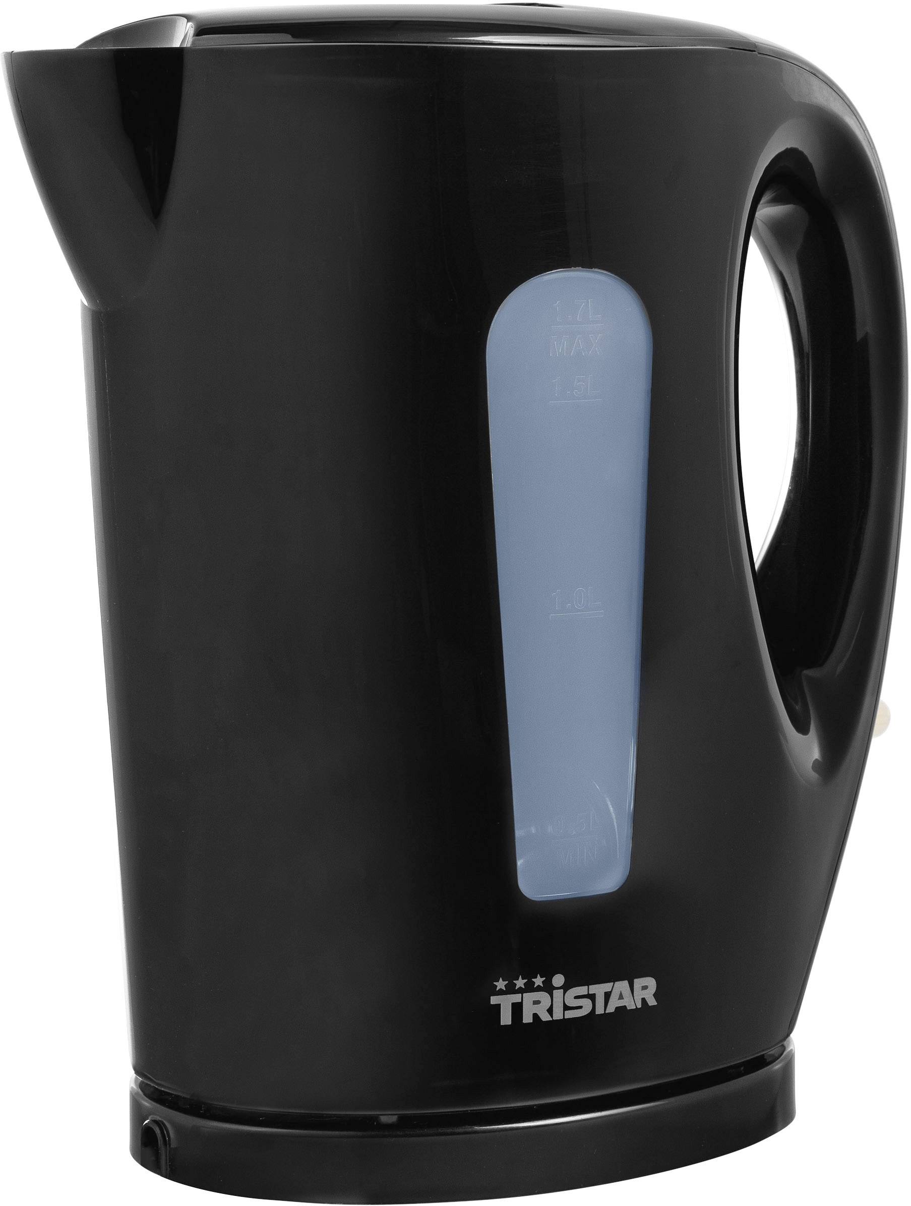 Un bollitore nero con indicatore del livello dell'acqua trasparente e il logo Tristar in basso.