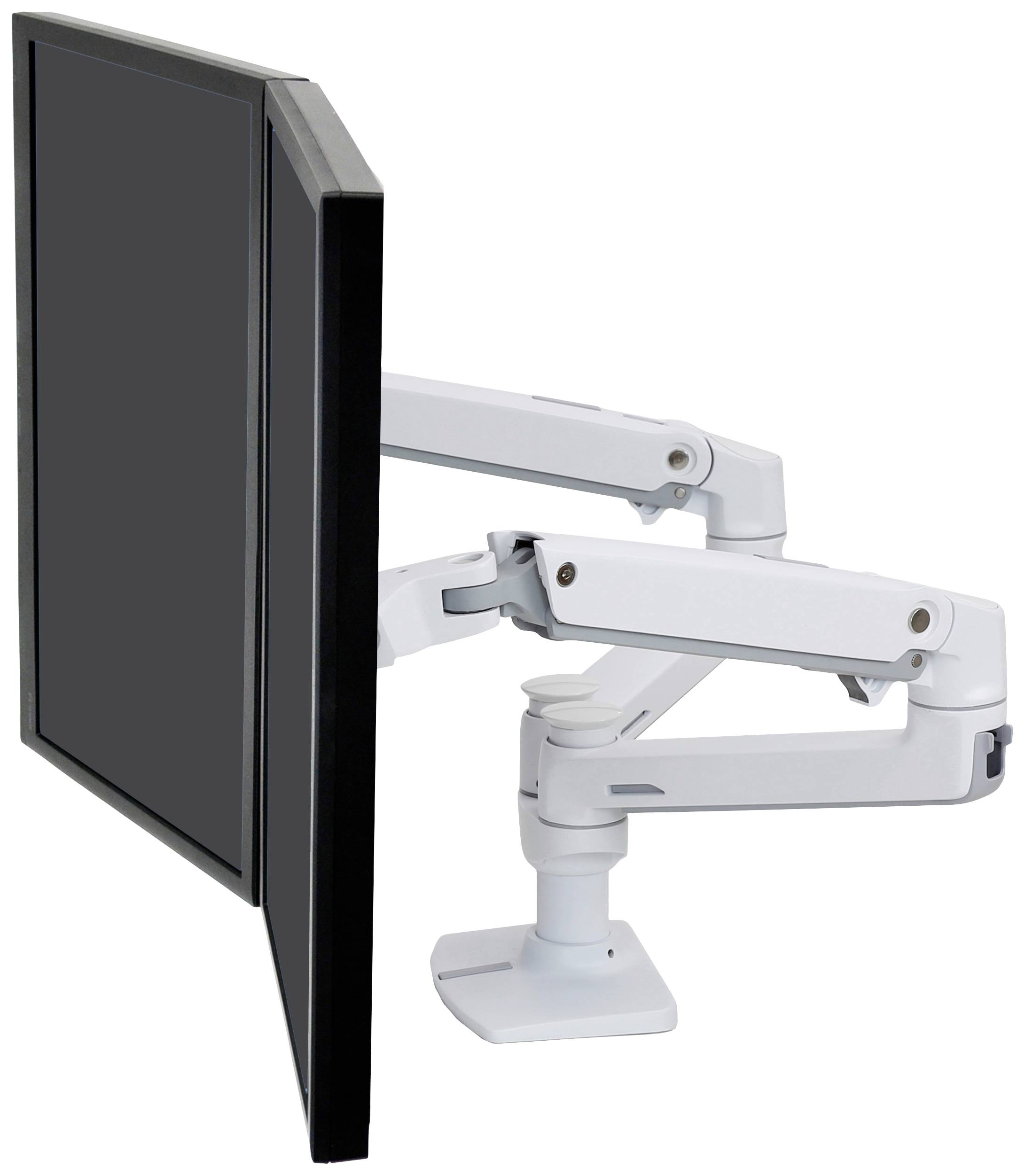 Un braccio monitor bianco e regolabile sorregge un schermo nero. Il braccio consente un posizionamento flessibile per un lavoro ergonomico.
