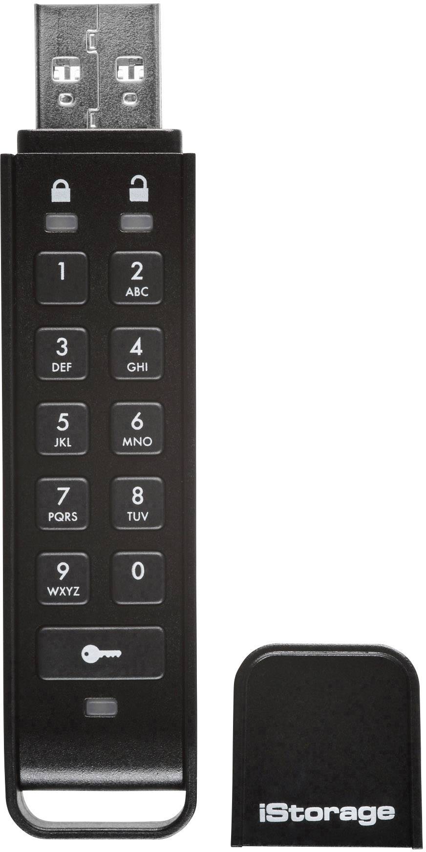 Una chiavetta USB con tastierino integrato per l'inserimento della password e la crittografia. Il coperchio è posizionato accanto.