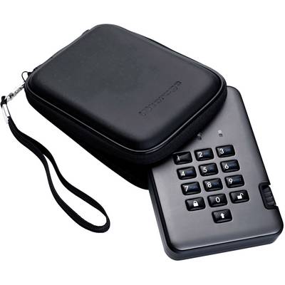 Dispositivo elettronico portatile nero con tastiera e custodia, probabilmente un supporto di archiviazione crittografato.