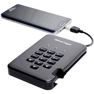 Hard disk esterno con tastiera e connessione USB a uno smartphone. Funzionalità di sicurezza tramite immissione numerica.
