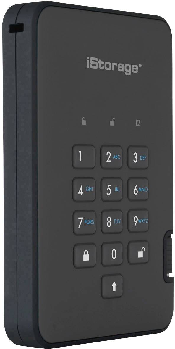 Hard disk esterno con tastierino per l'inserimento del PIN, nero, con la scritta 'iStorage'.