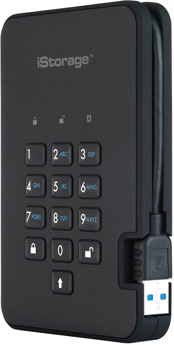 Hard disk esterno con tastierino numerico integrato per l'inserimento sicuro dei dati, connessione USB a destra, adatto per la sicurezza dei dati.